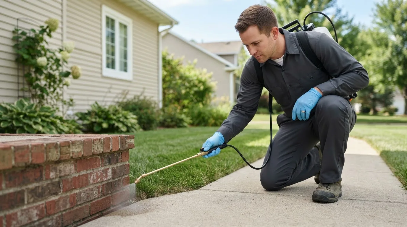 Pest control technician treating a home near Monon, IN