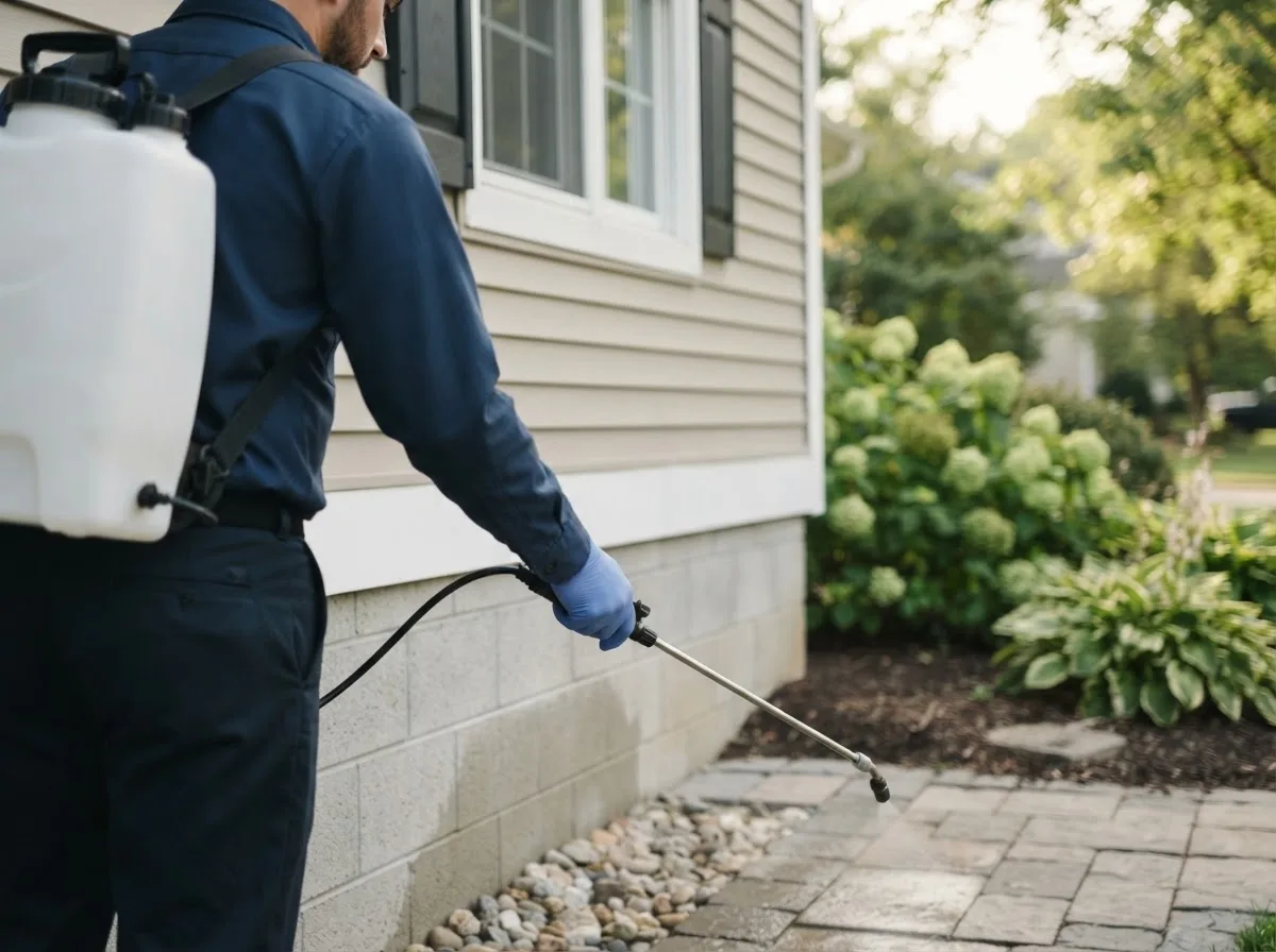 Pest control technician inspecting a home in Monon, IN